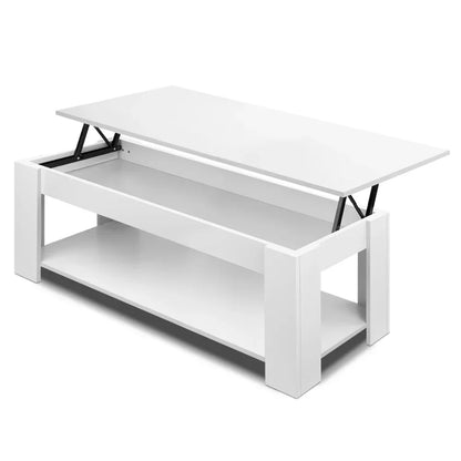 White lift top coffee table with storage compartment and lower shelf on white background