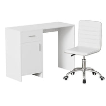 Modern white office desk with drawer, cabinet, and matching swivel chair on wheels