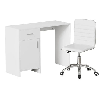 Modern white office desk with drawer, cabinet, and matching swivel chair on wheels