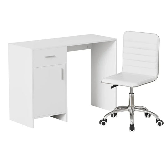 Modern white office desk with drawer, cabinet, and matching swivel chair on wheels
