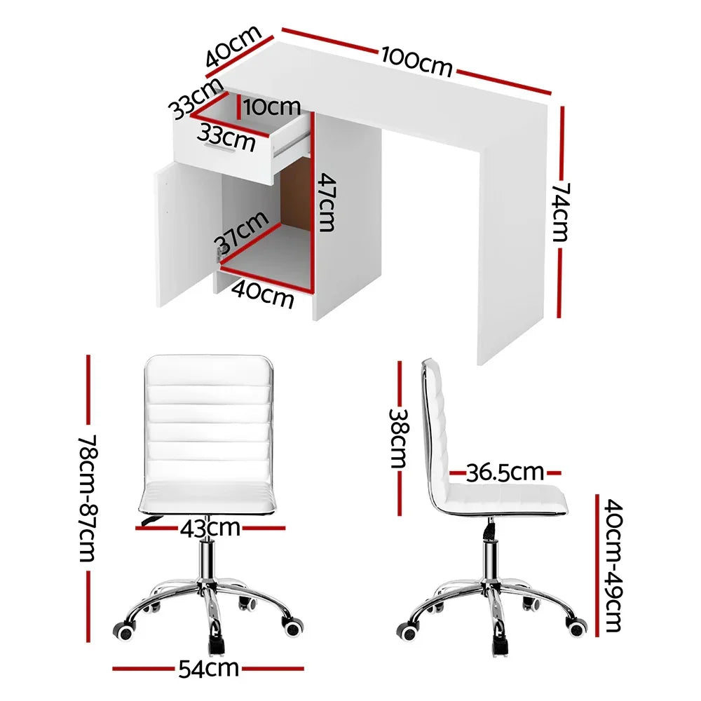 White desk and chair set with detailed measurements, ideal for home office or study.