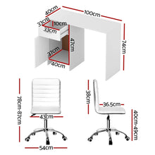 White desk and chair set with detailed measurements, ideal for home office or study.