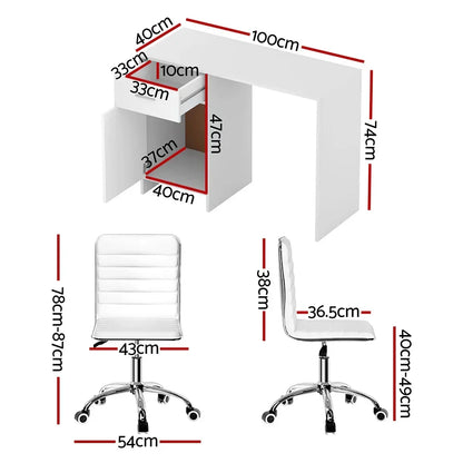 White desk and chair set with detailed measurements, ideal for home office or study.