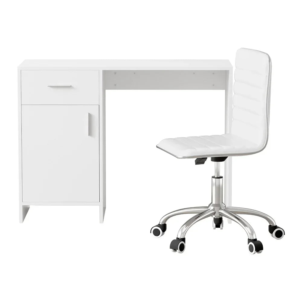 Modern white desk with a drawer and cabinet, paired with a white swivel office chair