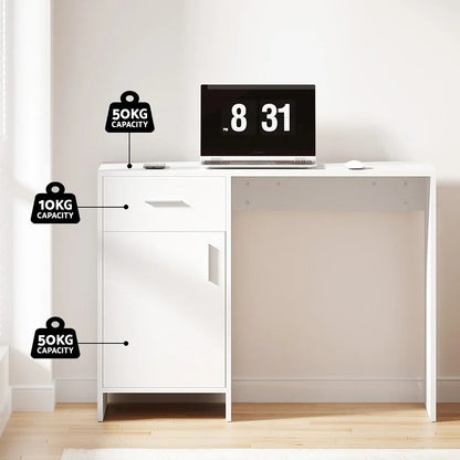 Modern white desk with drawer and cabinet, weight capacities labeled, laptop on top
