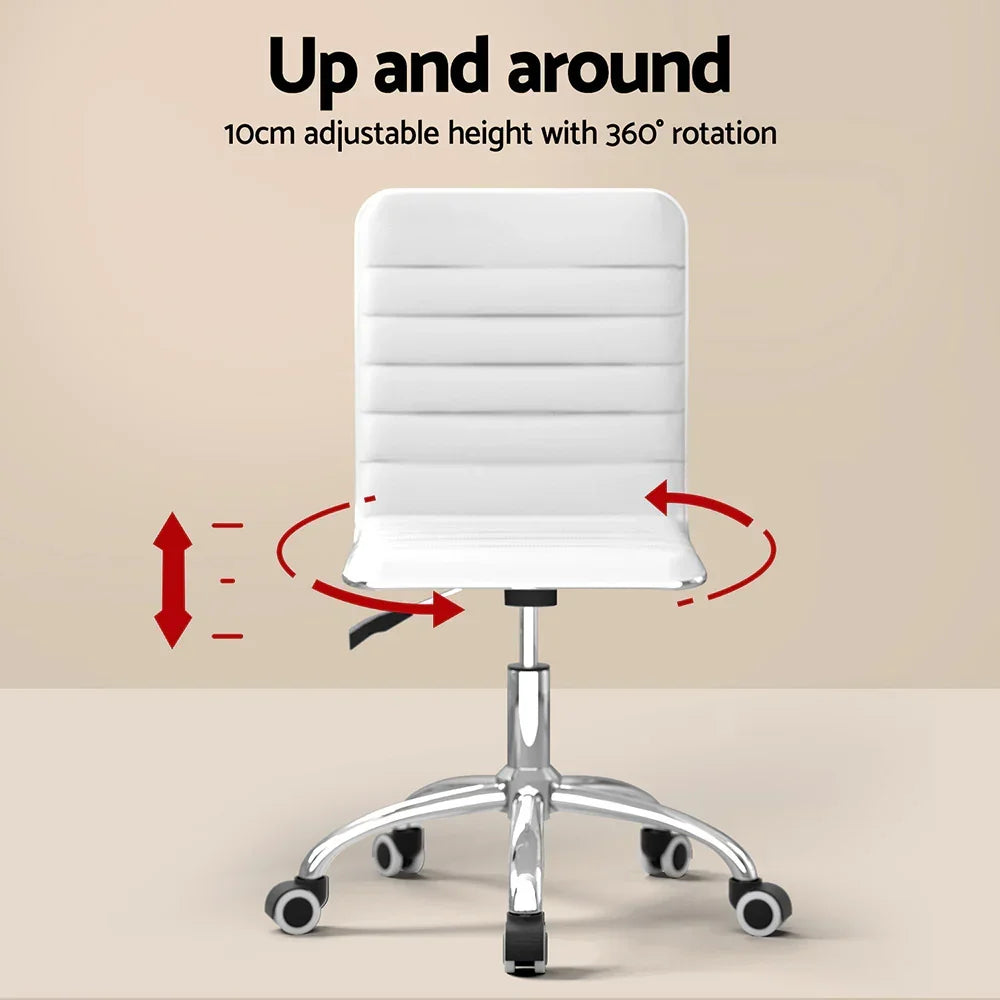 White adjustable office chair with 360-degree rotation and chrome base on castor wheels