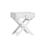White bedside table with X-cross legs and single drawer, modern bedroom furniture