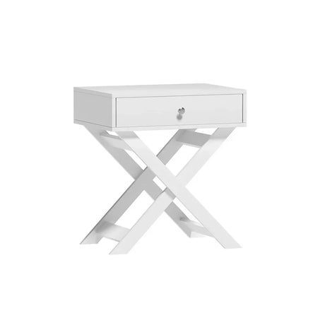 White bedside table with X-cross legs and single drawer, modern bedroom furniture