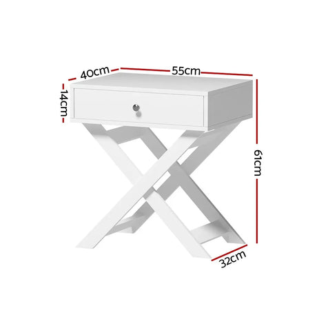 White bedside table with single drawer, cross-legged base, and labeled dimensions.