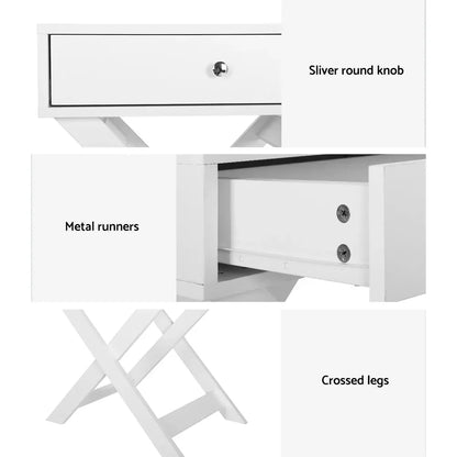 White side table with silver round knob, metal runners, and crossed legs.