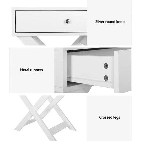White side table with silver round knob, metal runners, and crossed legs.