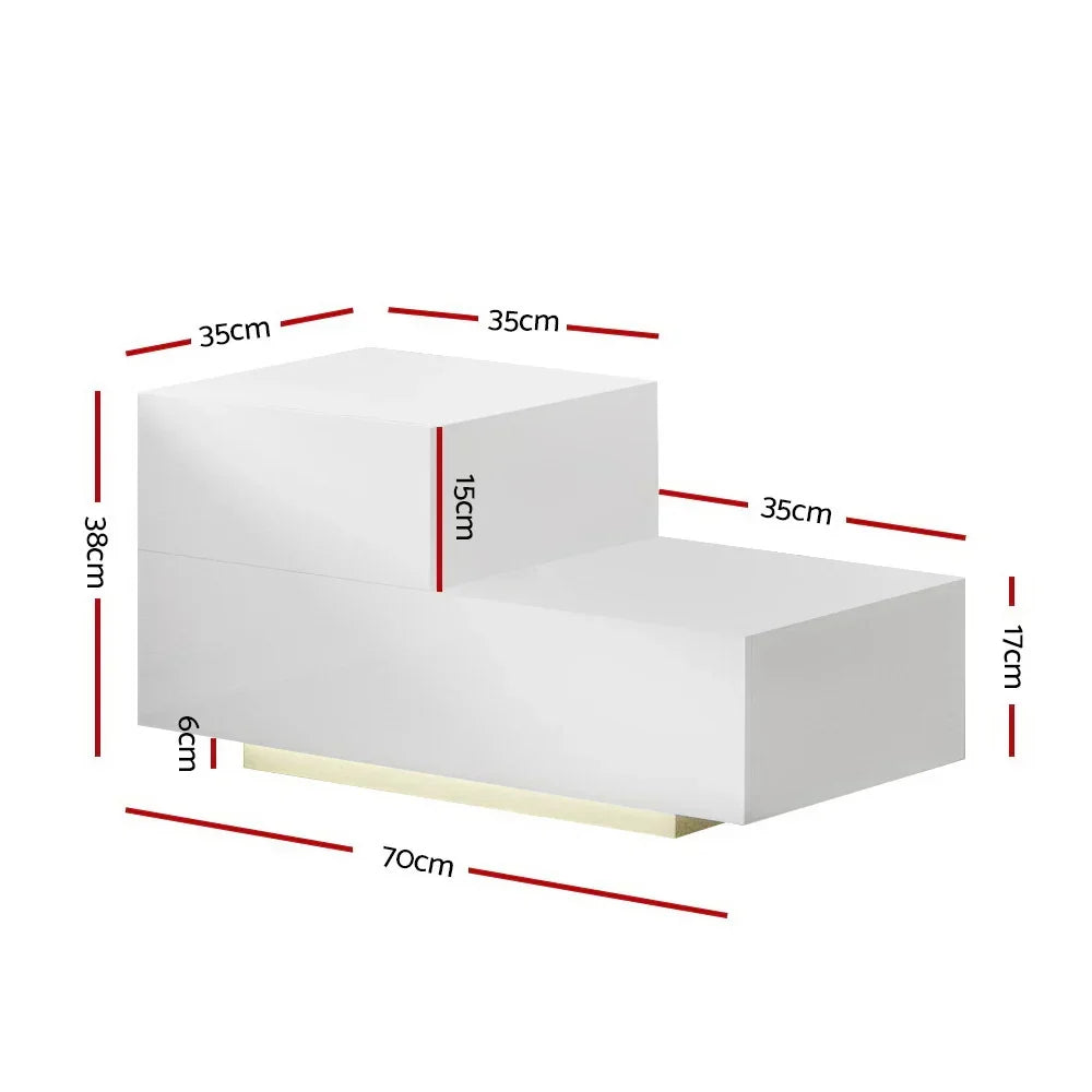 Modern white LED display shelf with step design, labeled dimensions in centimeters