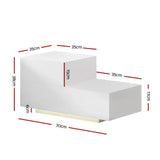 Modern white LED display shelf with step design, labeled dimensions in centimeters