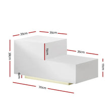 Modern white LED display shelf with step design, labeled dimensions in centimeters