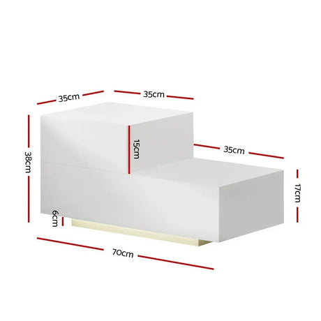 Modern white LED display shelf with step design, labeled dimensions in centimeters
