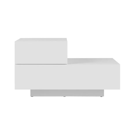 Modern white reception desk with minimalist rectangular design on plain background