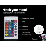 LED light remote control with 16 color options, brightness and mode settings, instructional graphic.
