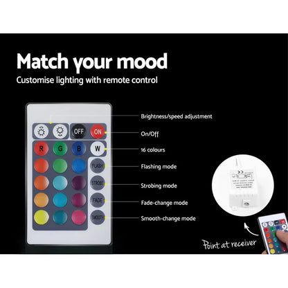 LED light remote control with 16 color options, brightness and mode settings, instructional graphic.