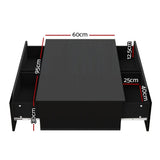 Black coffee table with open storage compartments and labeled dimensions in centimeters
