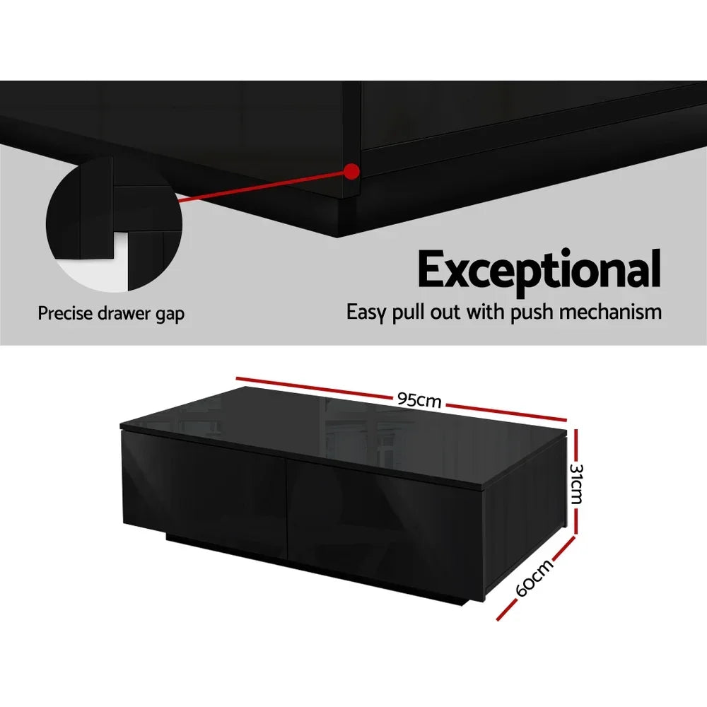 Black modern coffee table with push mechanism drawers, 95cm x 60cm x 31cm dimensions