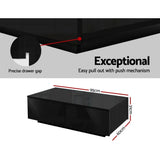 Black modern coffee table with push mechanism drawers, 95cm x 60cm x 31cm dimensions