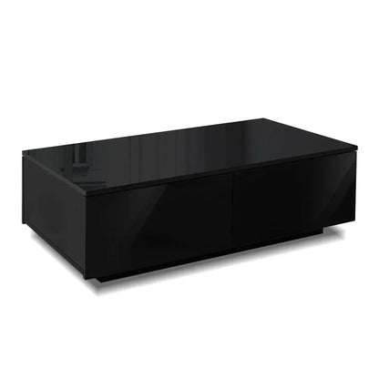 Modern black rectangular coffee table with glossy finish and storage drawers on white background