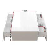 White coffee table with open storage compartments, labeled dimensions in centimeters
