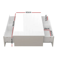 White coffee table with open storage compartments, labeled dimensions in centimeters