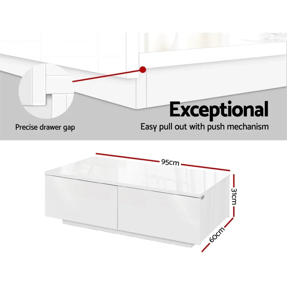 Modern white coffee table with push drawer mechanism, dimensions 95x60x31cm.