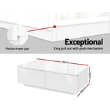 Modern white coffee table with push drawer mechanism, dimensions 95x60x31cm.