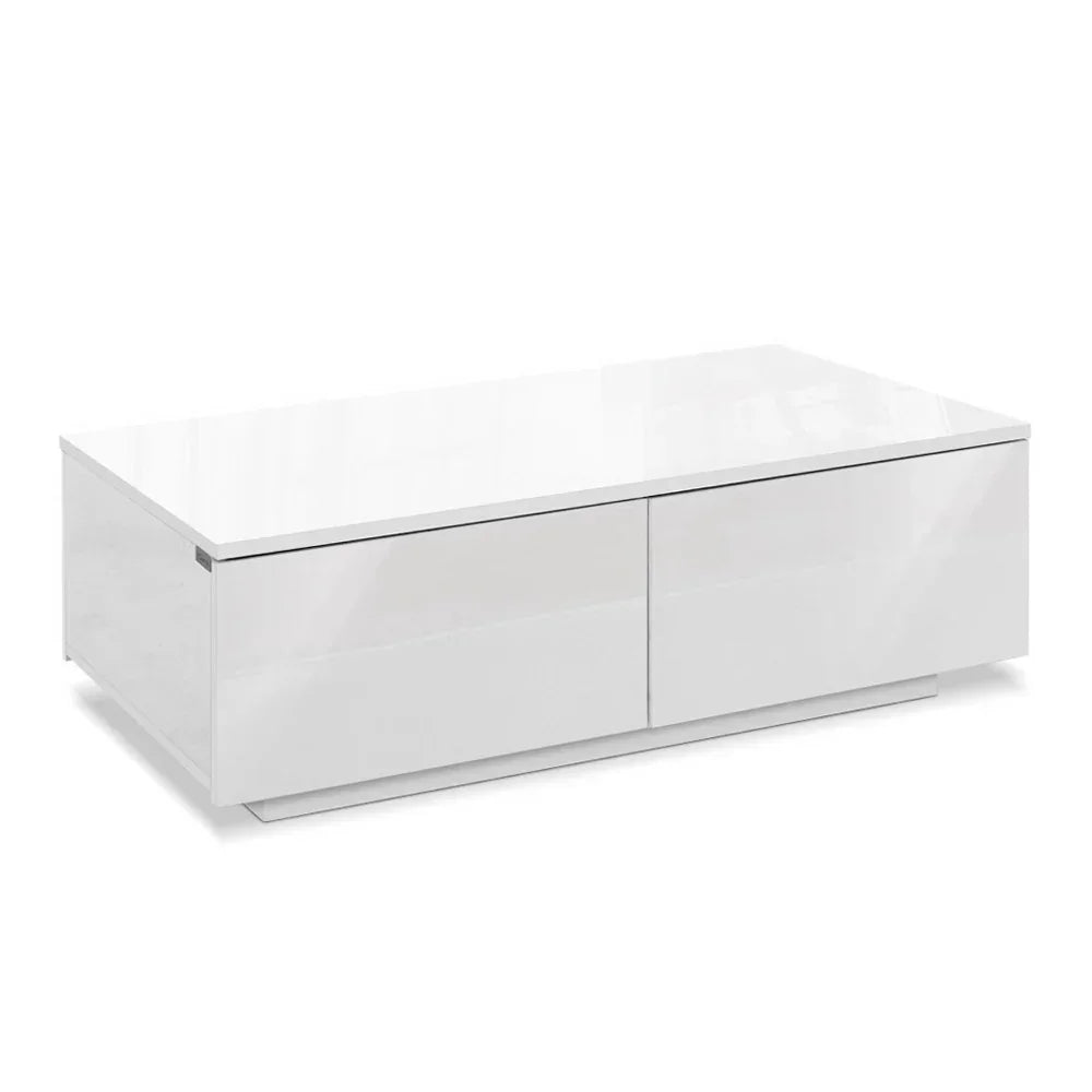 Modern white high gloss coffee table with storage drawers, minimalist living room furniture