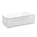 Modern white high gloss coffee table with storage drawers, minimalist living room furniture