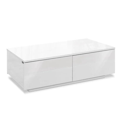 Modern white high gloss coffee table with storage drawers, minimalist living room furniture