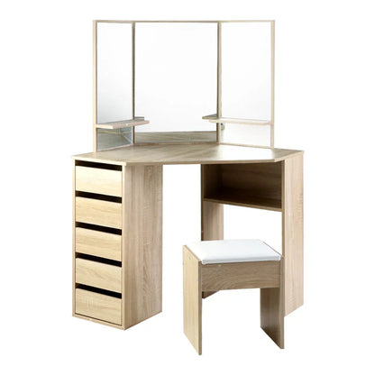 Light wood corner dressing table with drawers, stool, and three-panel mirror