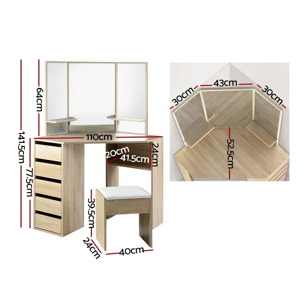 Wooden corner dressing table with mirror, drawers, stool, and labeled measurements