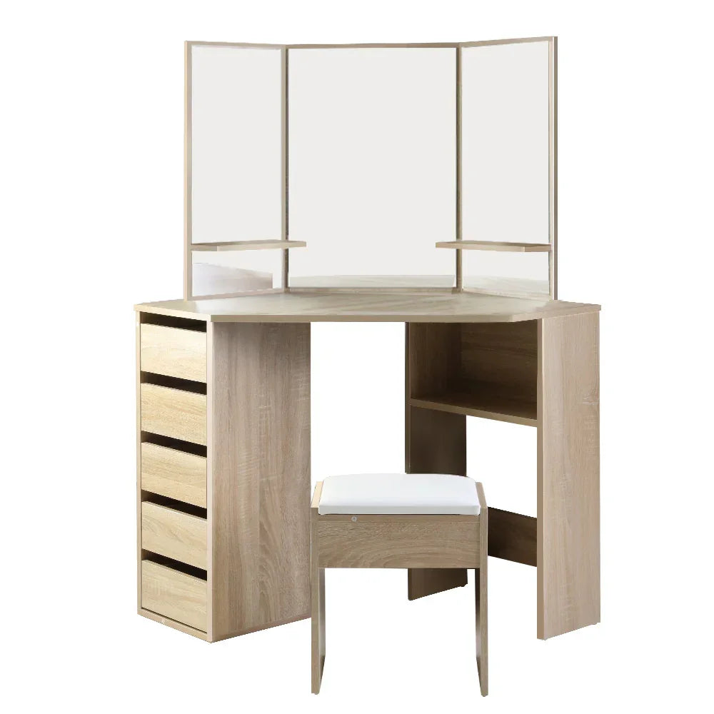 Light wood corner dressing table with drawers, mirror and cushioned stool