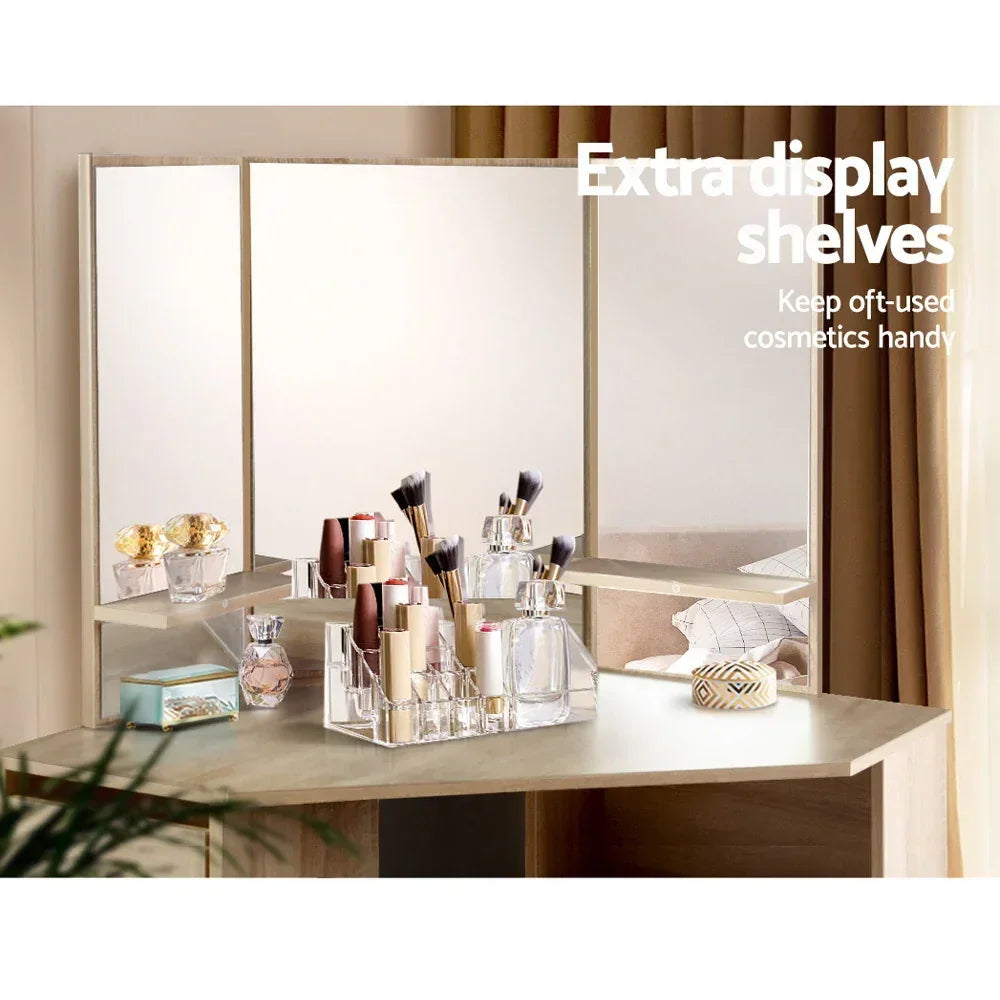 Wooden dressing table with triple mirror, makeup organizer, and beauty accessories on top.