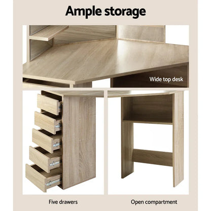Wood corner desk with wide top, five drawers, and open storage compartment.