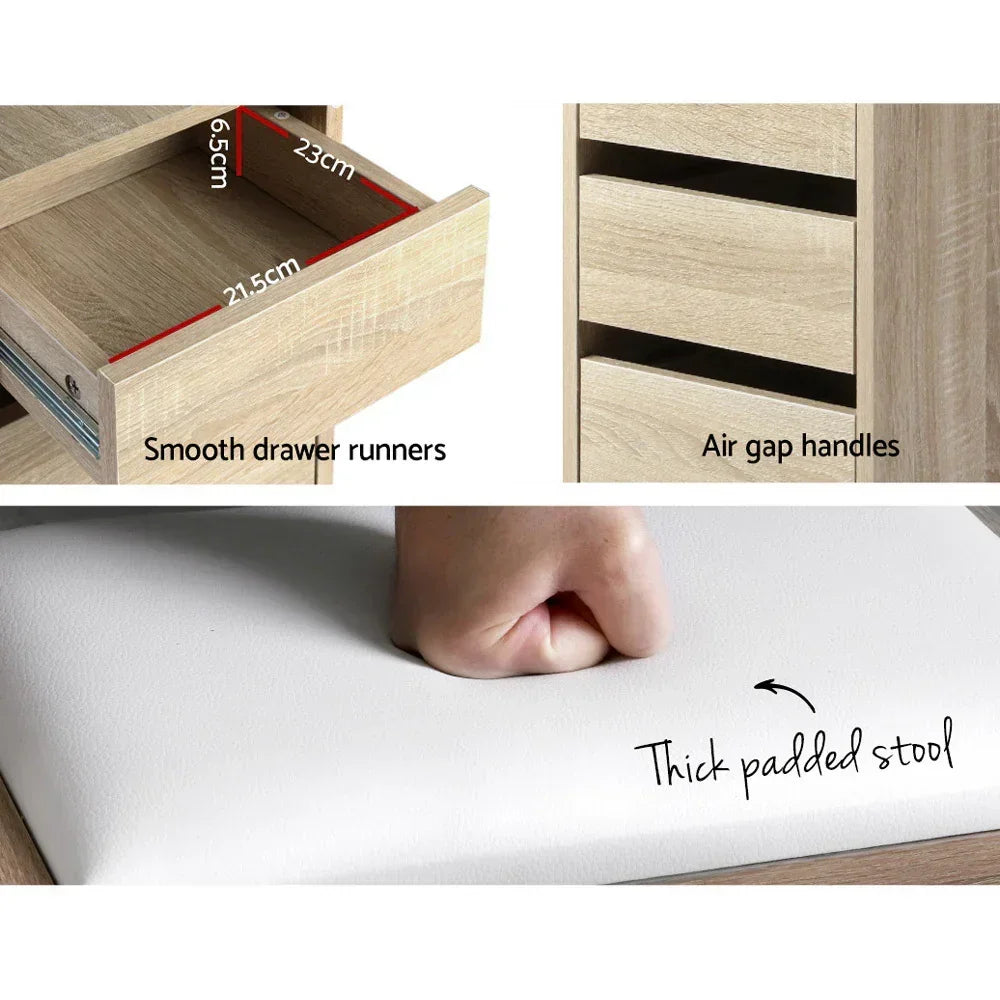 Wooden dresser drawer with smooth runners, air gap handles, and thick padded stool