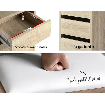 Wooden dresser drawer with smooth runners, air gap handles, and thick padded stool