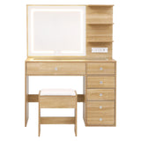 Wooden vanity table with LED mirror, five drawers, shelves, and matching stool