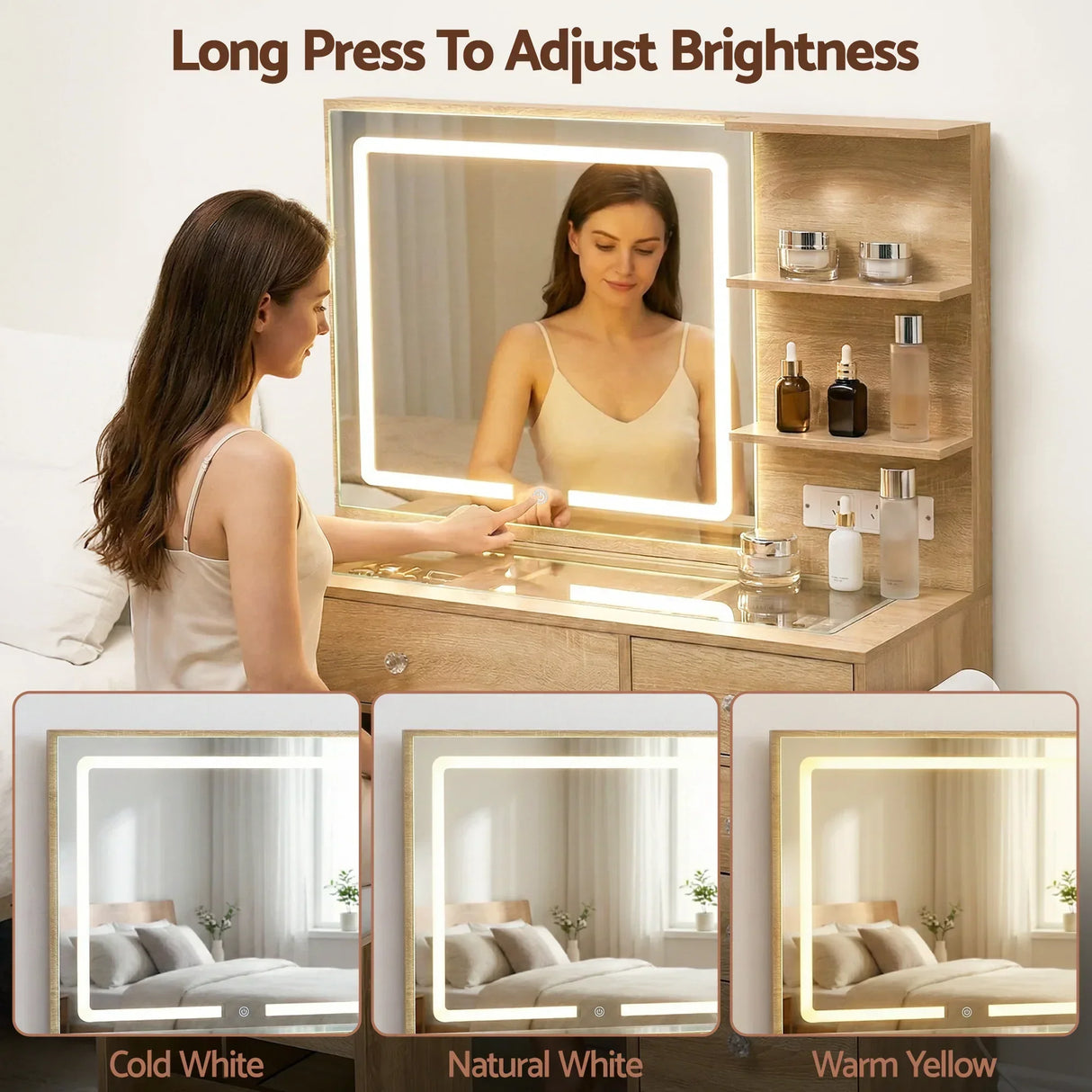 Woman using wooden vanity table with lighted mirror, adjustable LED brightness, and shelves with cosmetics.