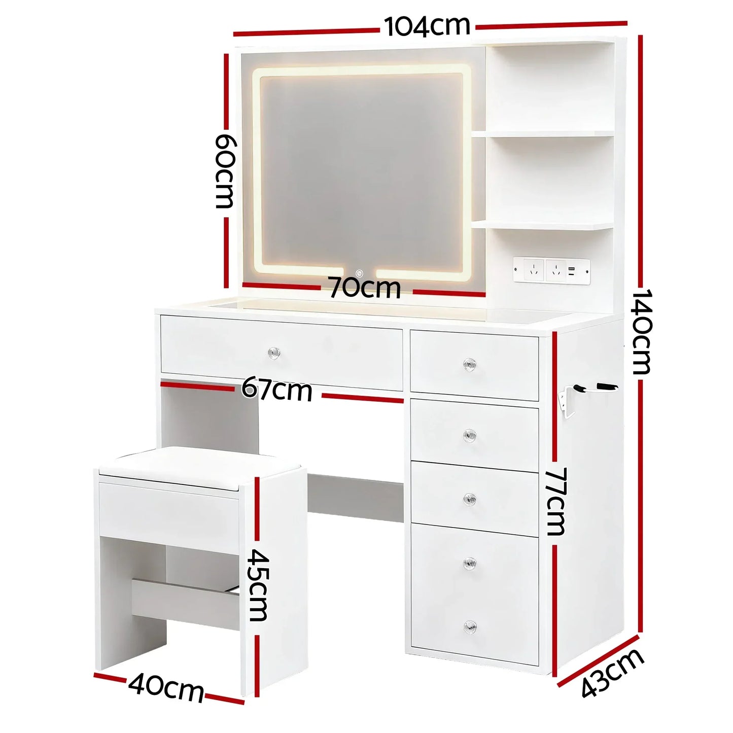White dressing table with LED mirror, drawers, shelves, stool, and size measurements in cm