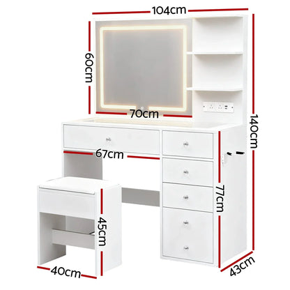 White dressing table with LED mirror, drawers, shelves, stool, and size measurements in cm