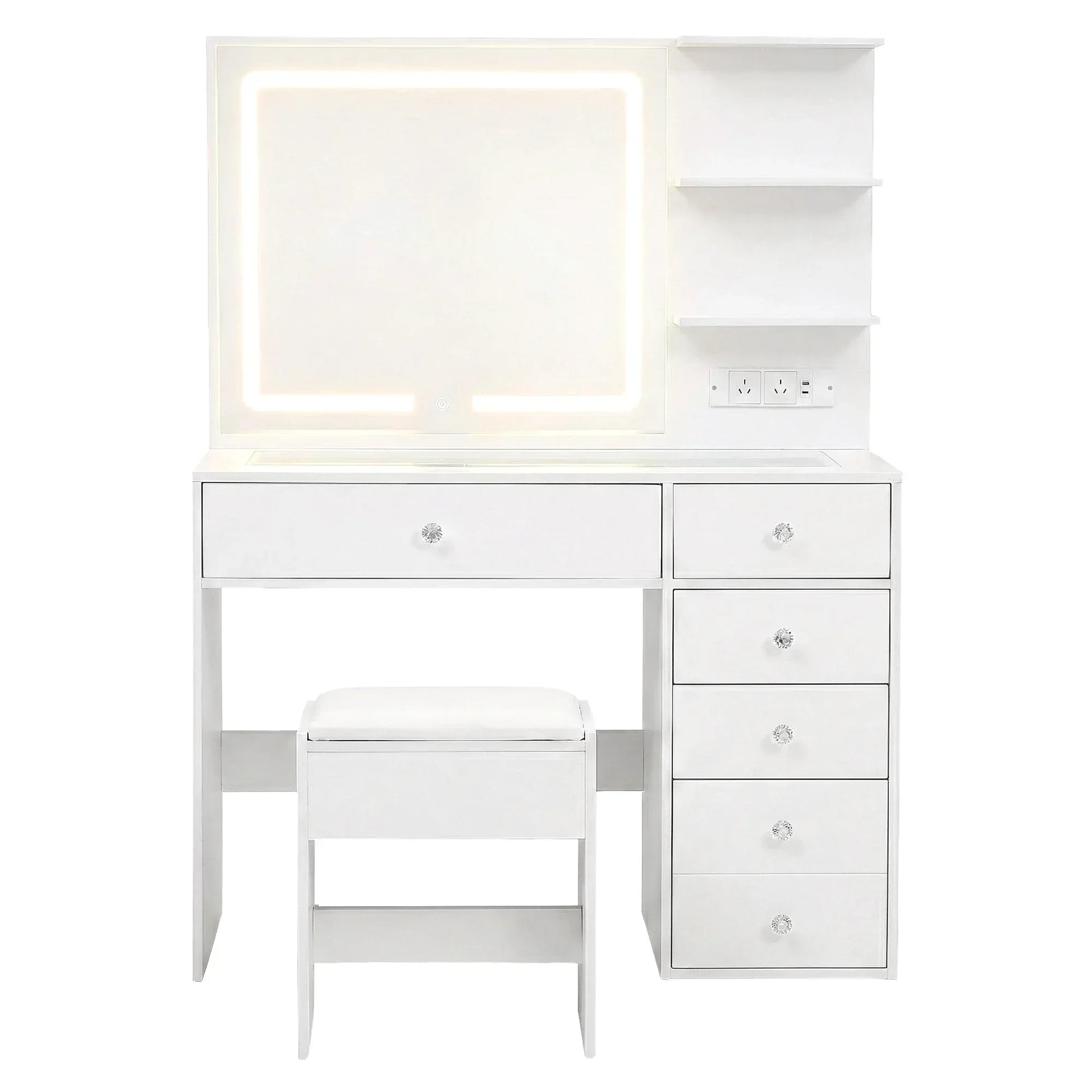 White vanity table set with LED lighted mirror, six drawers, shelves, and cushioned stool