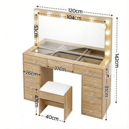 Wooden makeup vanity with mirror, LED lights, drawers, and dimensions labeled in centimeters.