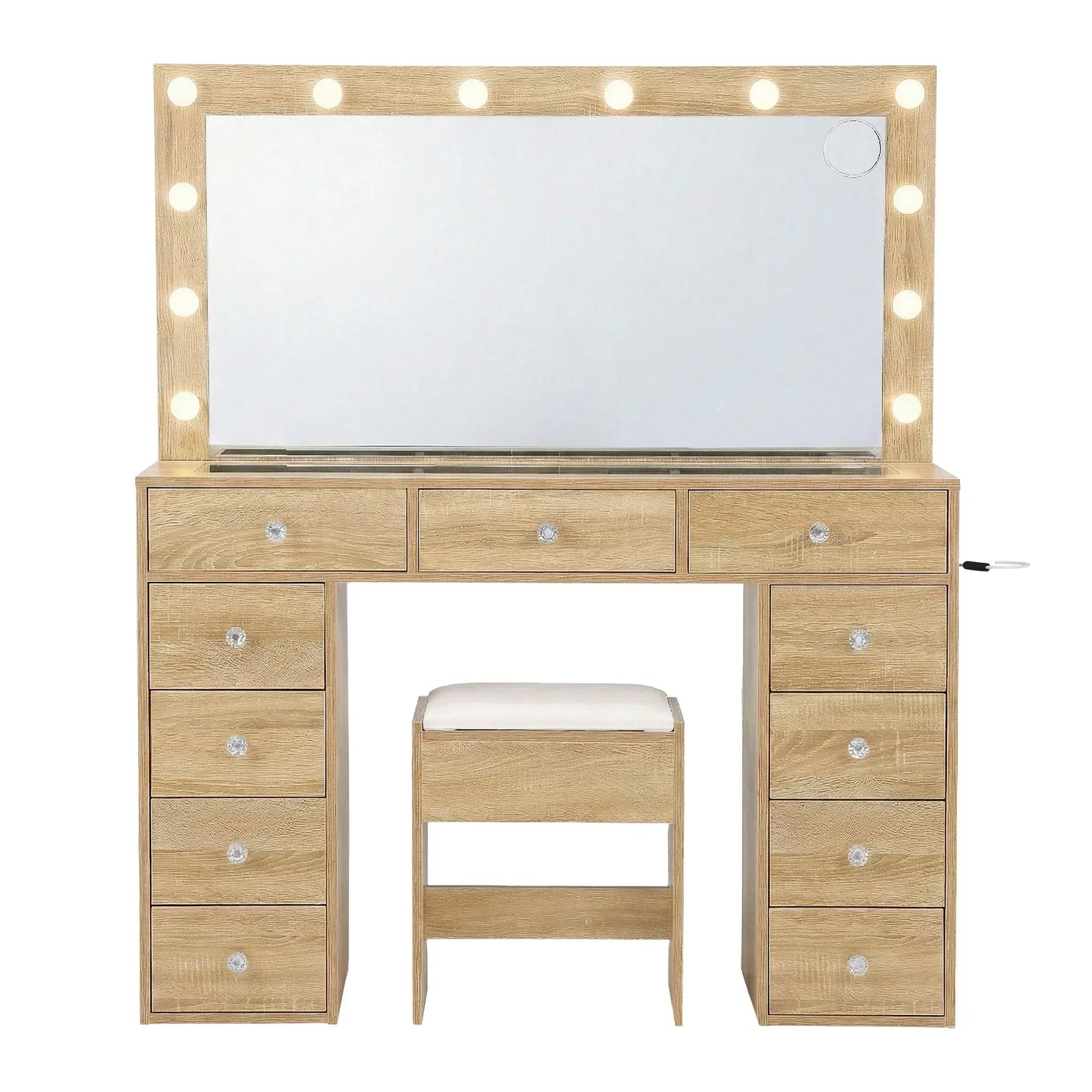 Wooden makeup vanity set with lighted mirror, cushioned stool, and multiple drawers
