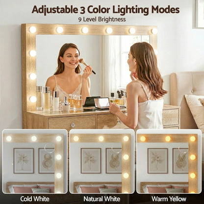 Woman applying makeup at a lighted vanity table with three mirror lighting modes.