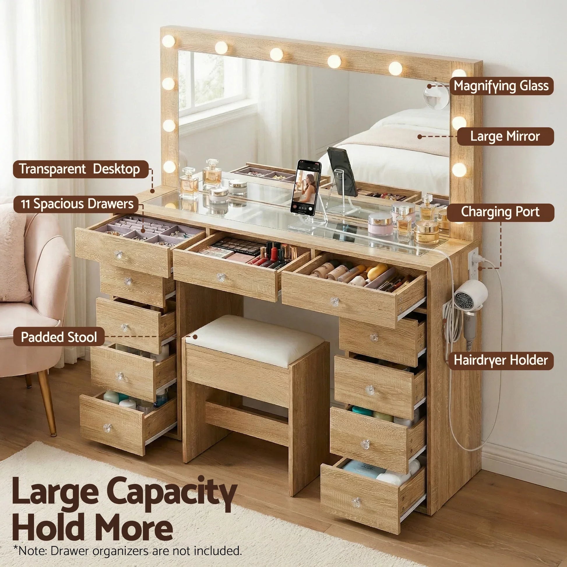 Wood vanity desk with large mirror, 11 drawers, padded stool, lights, and storage features.