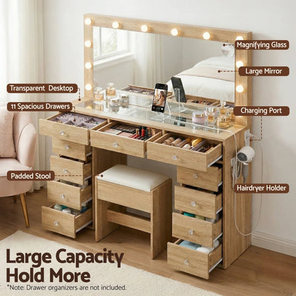 Wood vanity desk with large mirror, 11 drawers, padded stool, lights, and storage features.